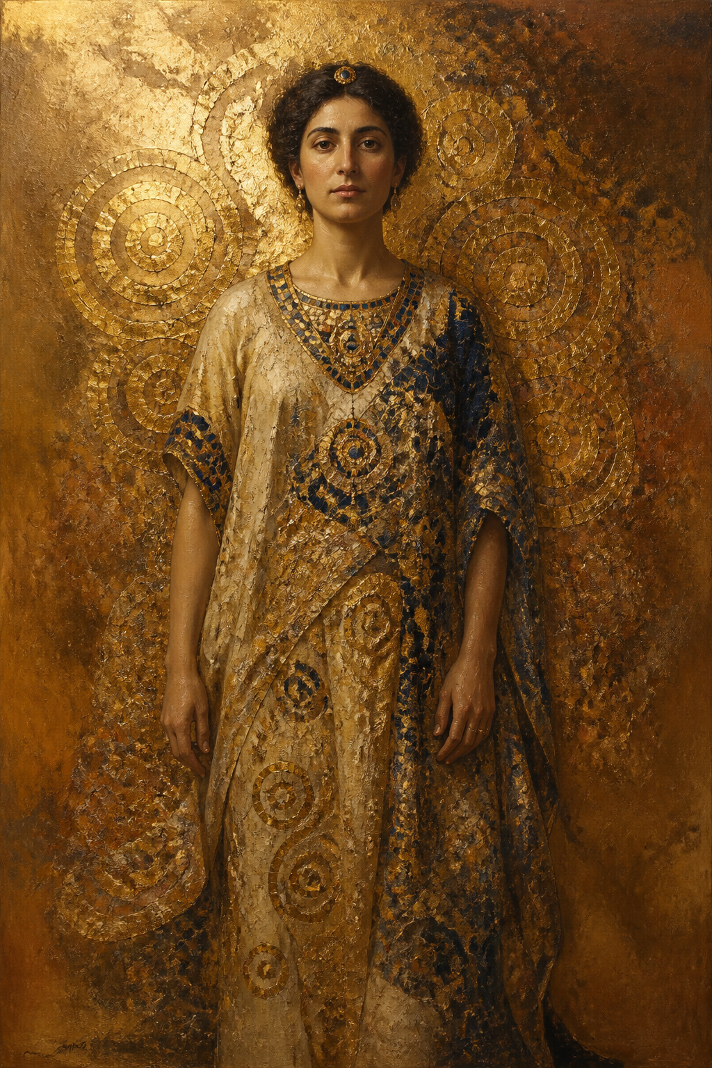 Modelled perceptual study: a seated woman's face and hands emerging from a field of gold and pattern.