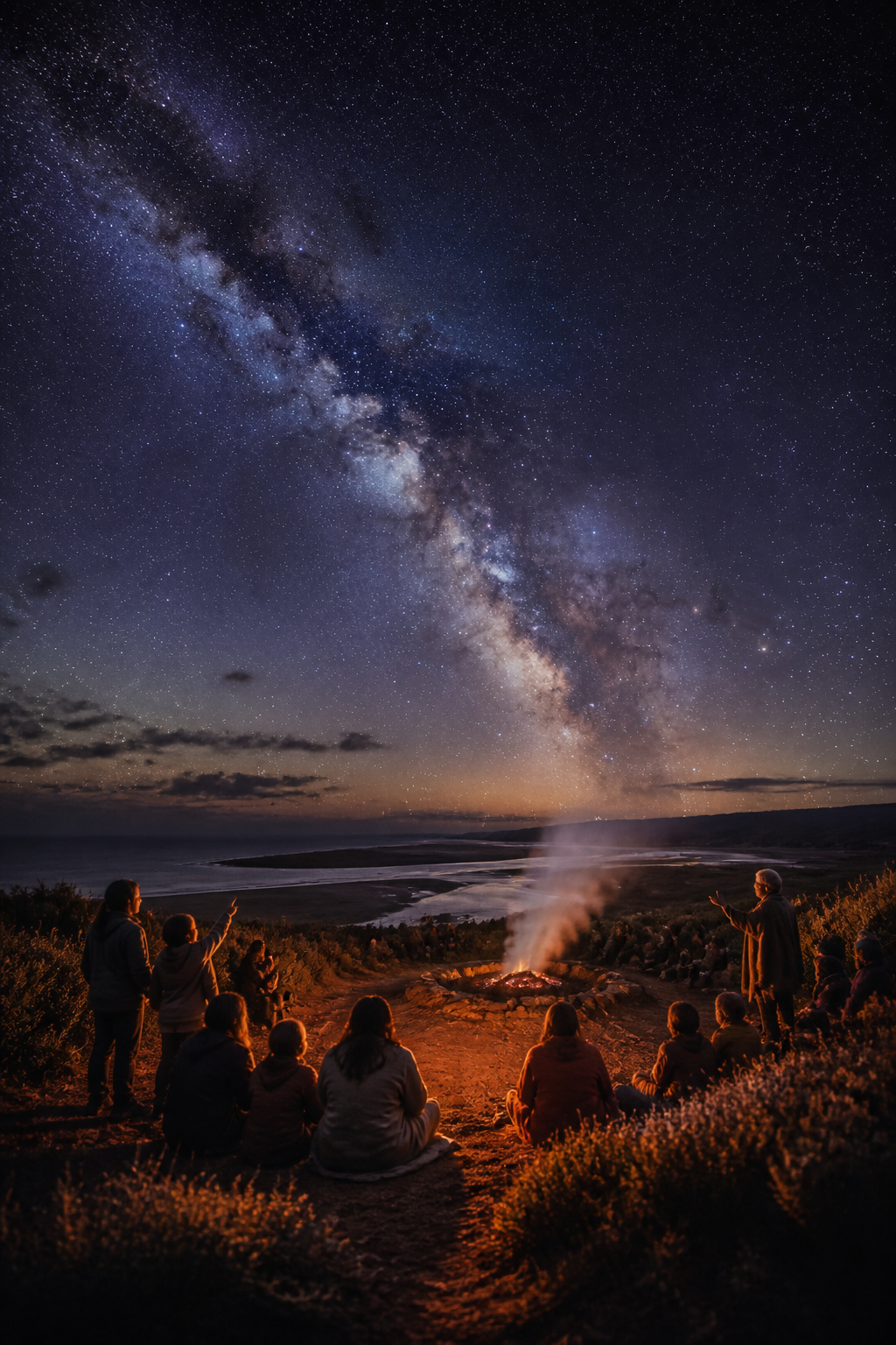 Generated illustration: people gathered close together in the dark before dawn, warm light between them.