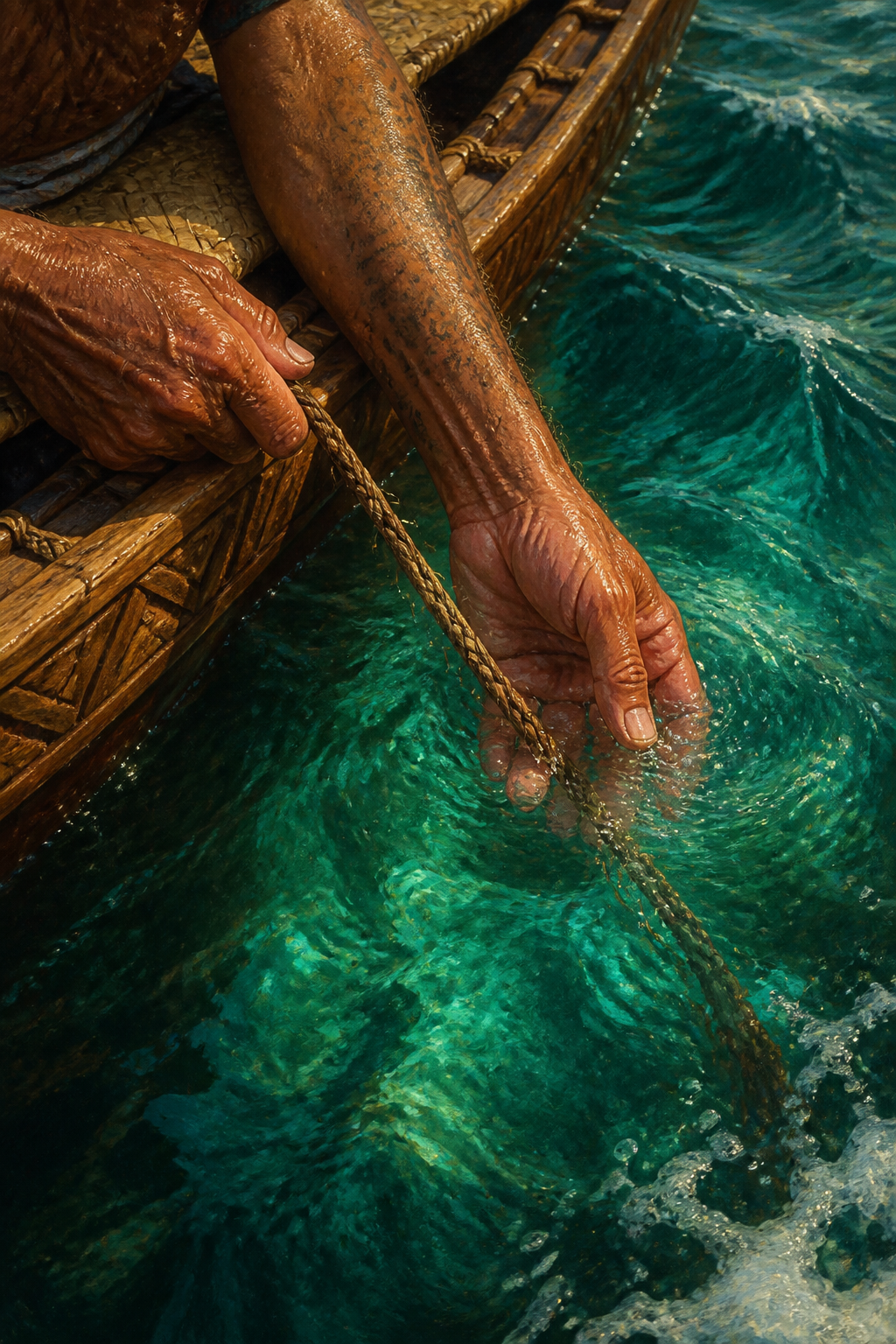 A person at work aboard a voyaging canoe, hand on the steering paddle.