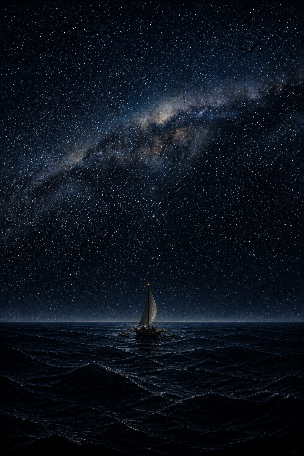Night sky over the same ocean, stars banked toward the horizon.