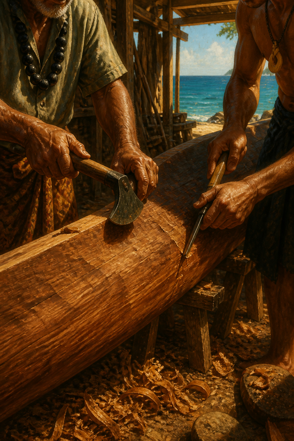 Hands and tools at work on a canoe hull: lashings, timber, resin, sanded surfaces.