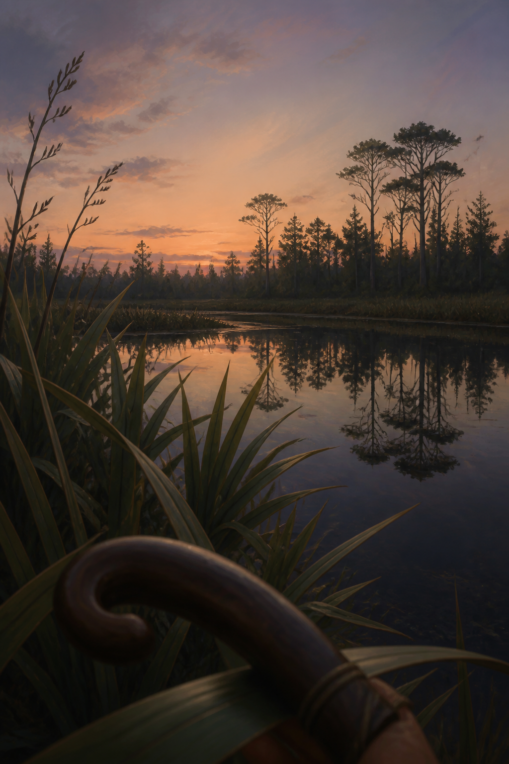 A wide relational world: forested ridgeline meeting still water under moving weather.