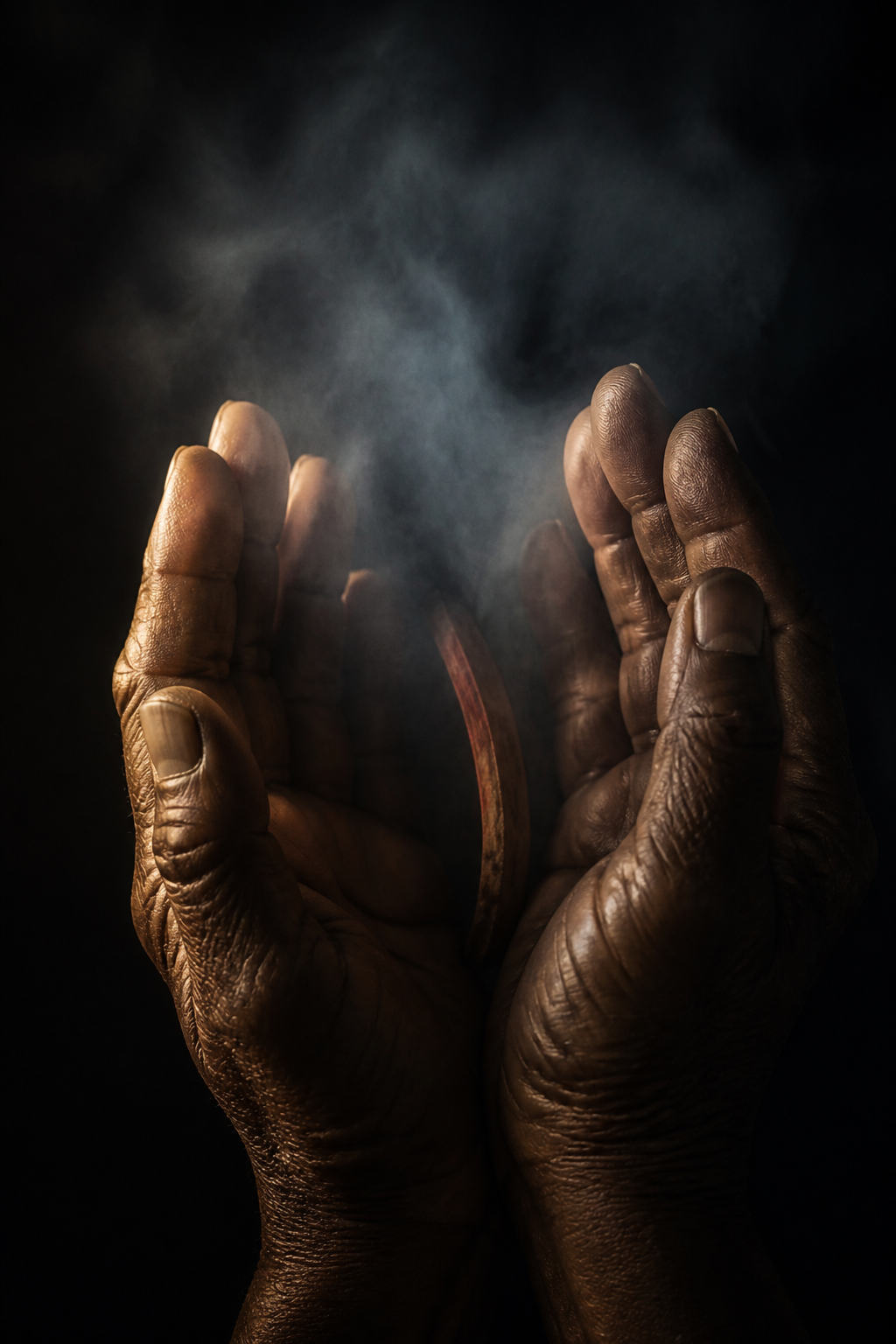 Breath meeting raw material: a soft column of air moving across bone, wood and stone in low light.
