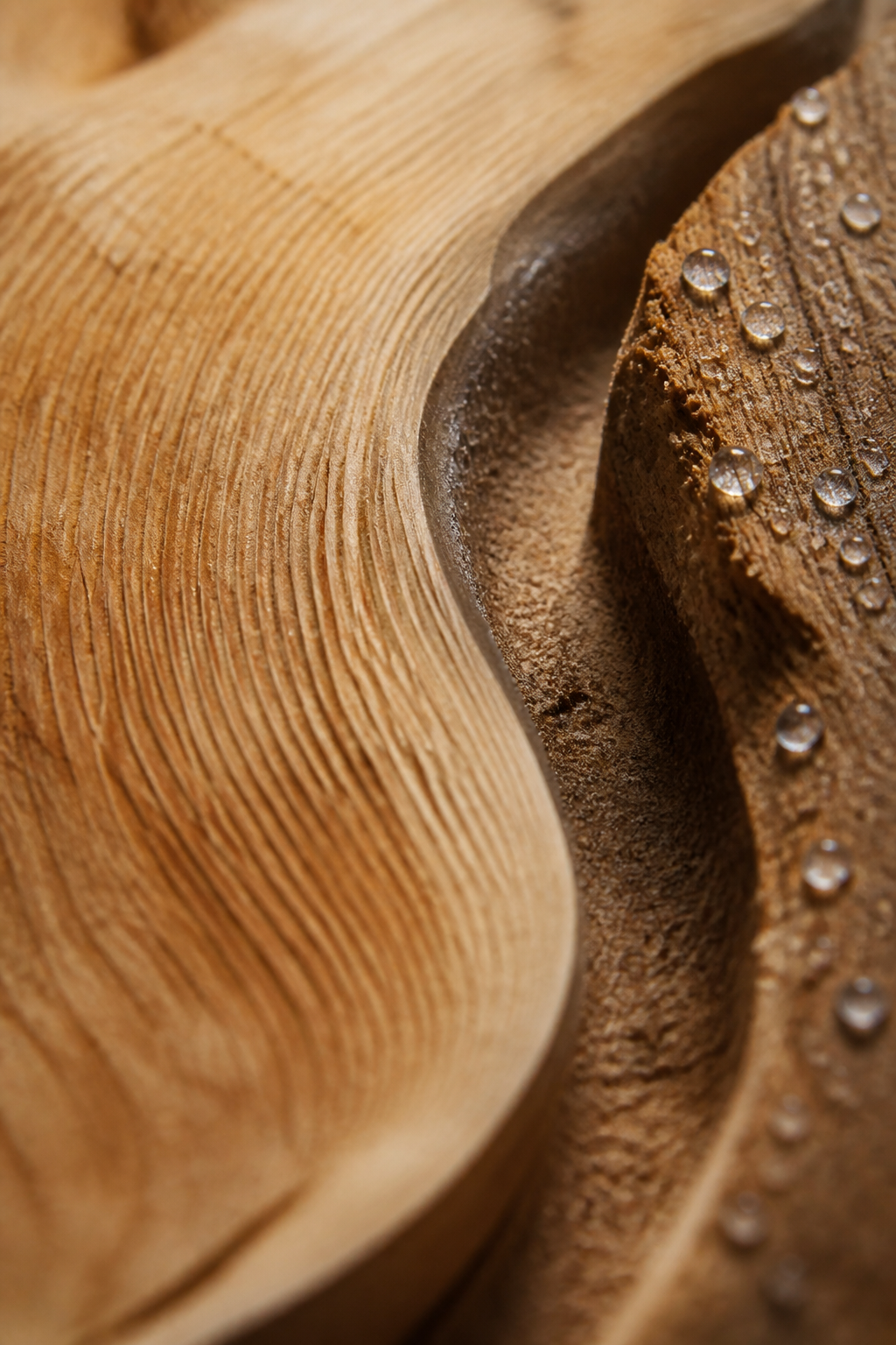 A maker's hands close over material, one thumb steadying a shaped surface while the other hand works an edge.