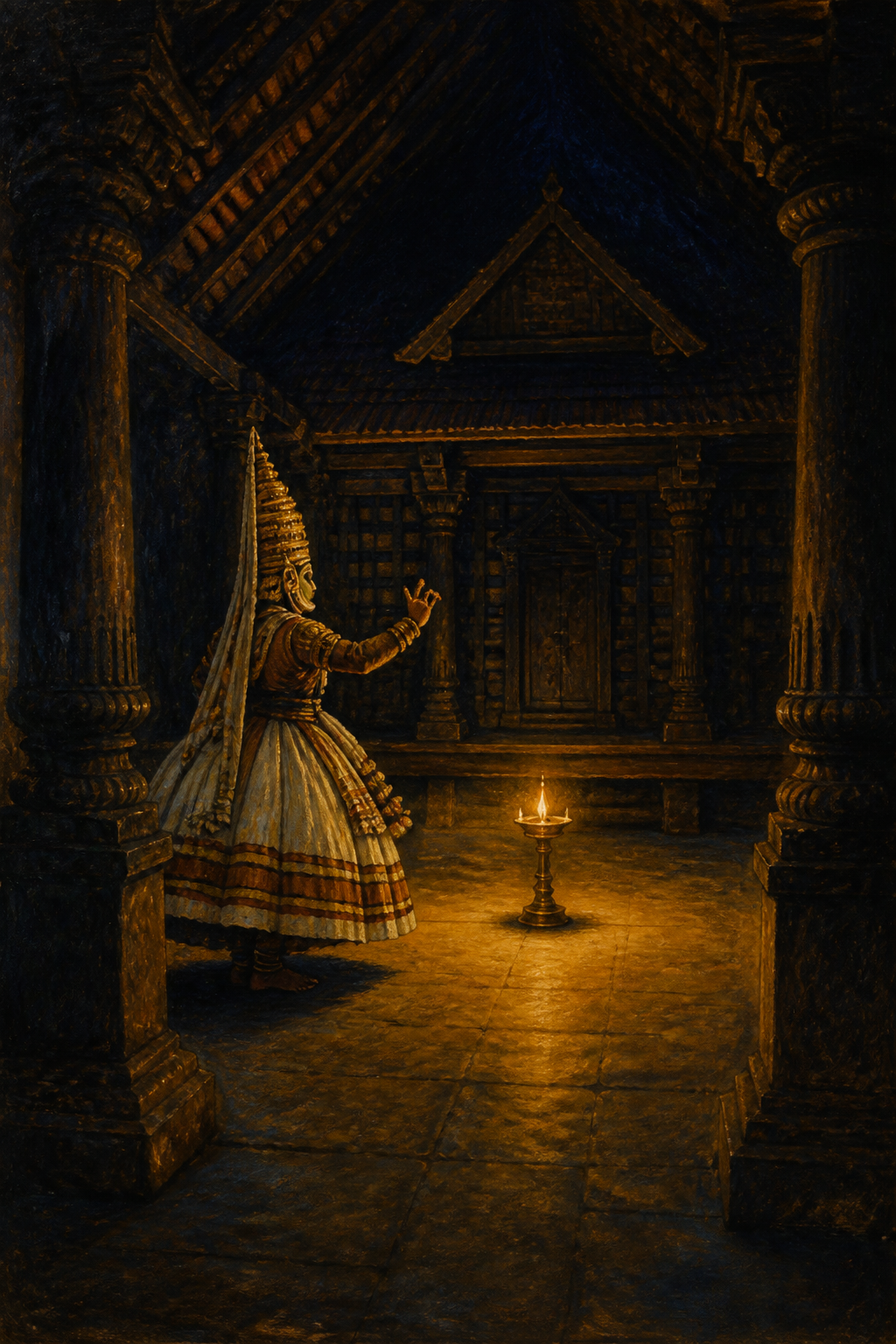 Generated image made for this page: a dim theatre space with a tall oil lamp burning at the front of an empty performance floor.
