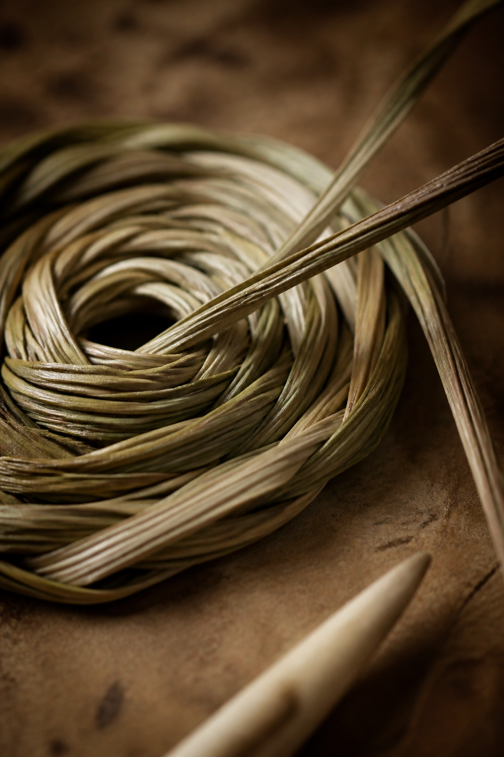 Close view of dry grass fibers bent into the beginning of a coil.