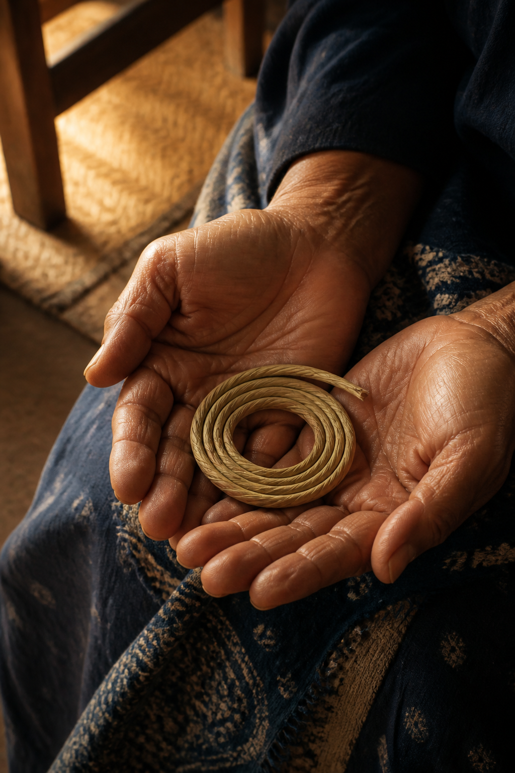 Hands sorting and holding lengths of prepared fiber.