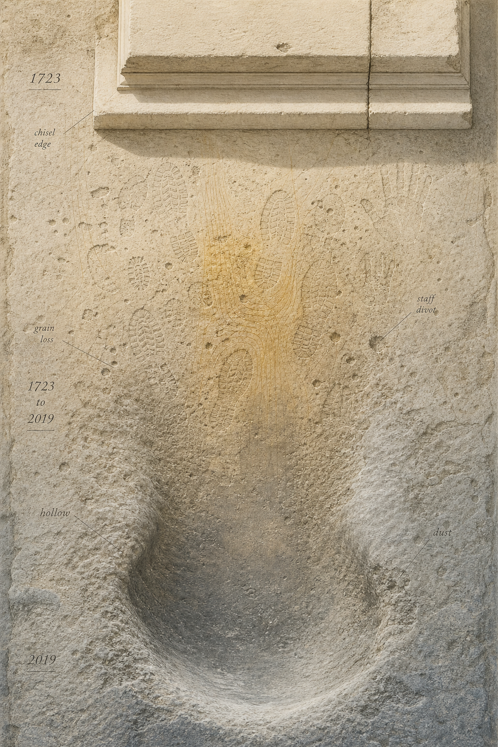 The threshold as recorded in the later view, its centre hollowed and polished.