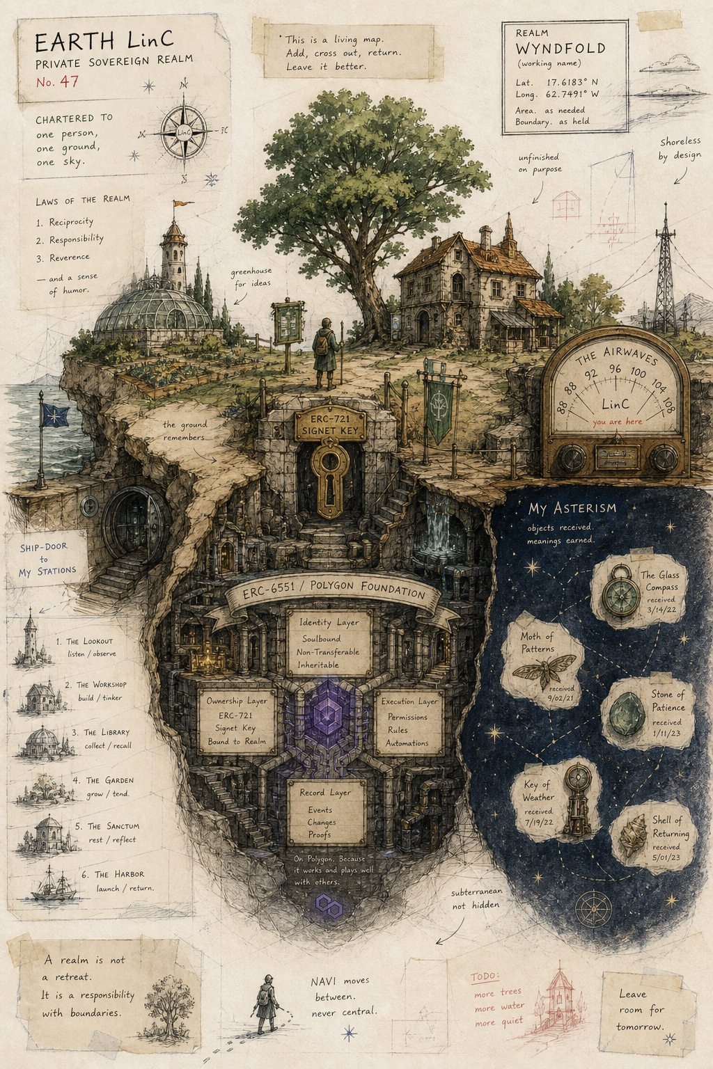 Hand-drawn map of a sovereign Realm: stations, signet key, airwaves dial, NaviStars, My Asterism, and Navi the keeper — ink and paper.