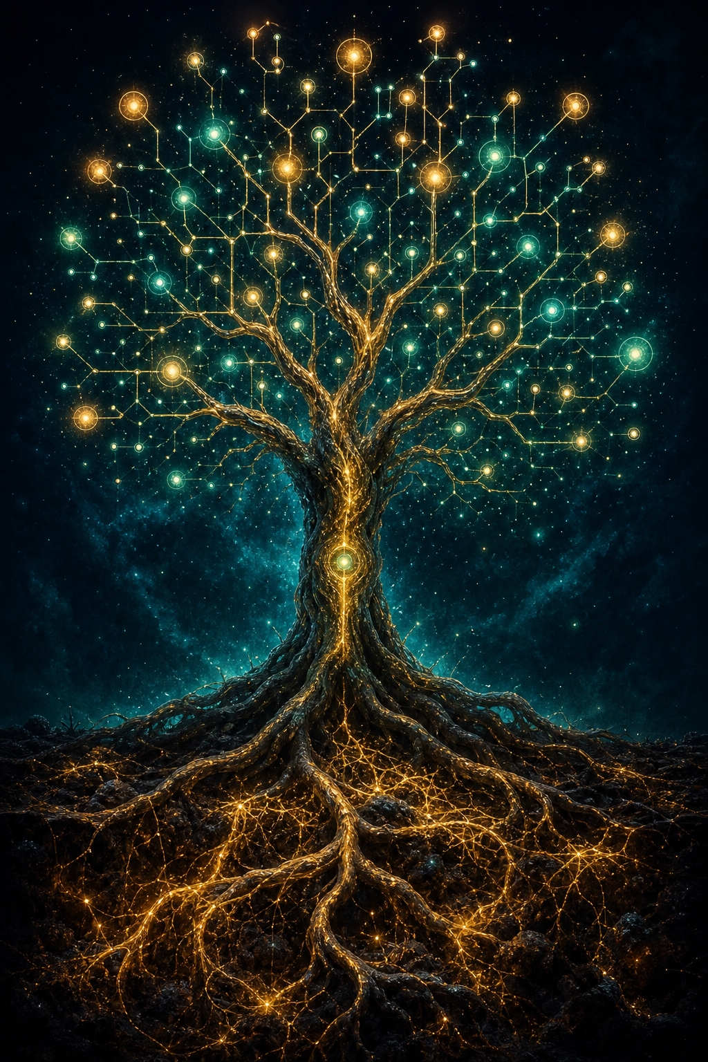 A luminous branching diagram grown from roots — glowing nodes linked into a living map.