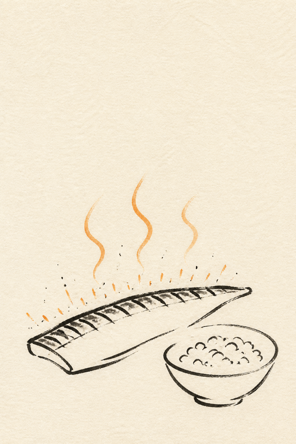 Salt-grilled mackerel fillet skin-side up beside a bowl of barley rice, gestural ink illustration with wisps of steam and sizzle marks