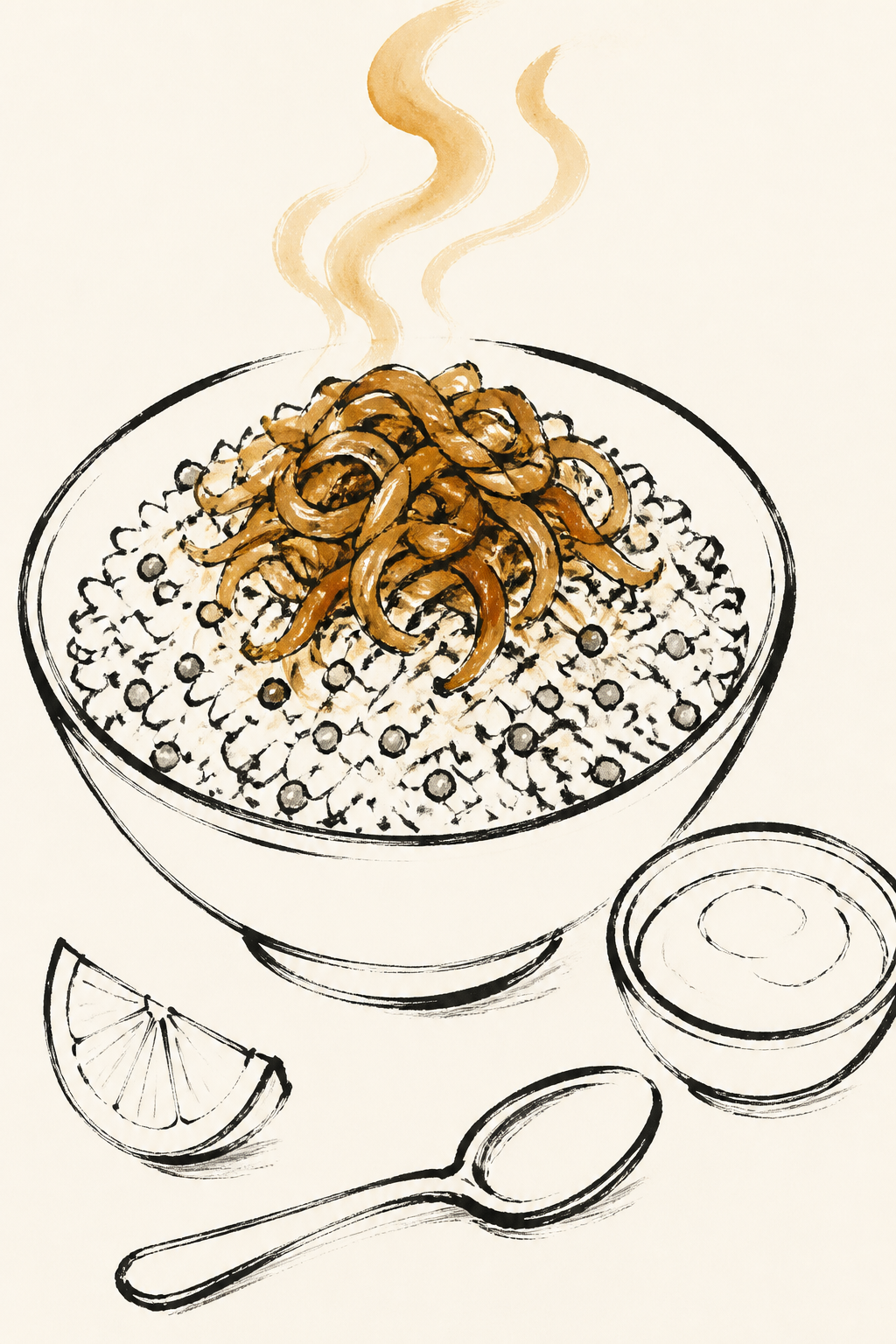 Gestural ink drawing: a bowl of mujadara heaped with dark caramelised onions, a spoon, small dish of yoghurt, wedge of lemon, warm steam rising