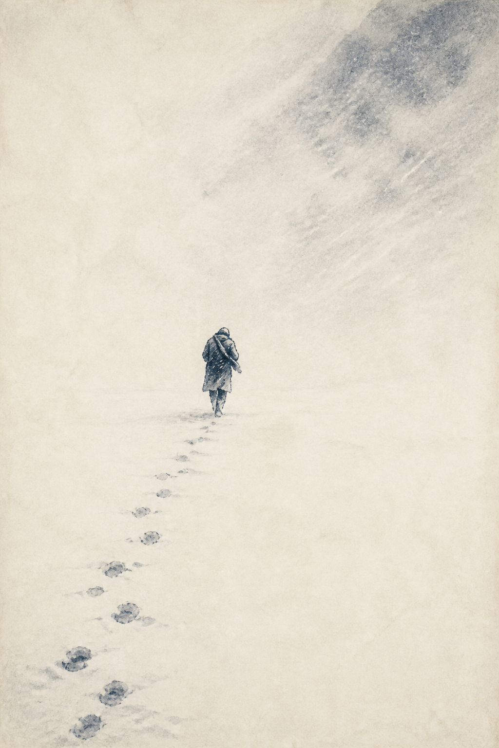 A lone figure walking through deep snow in a flat white emptiness, head down, tracks stretching far behind, weather closing in — a few loose ink strokes, mostly empty space.