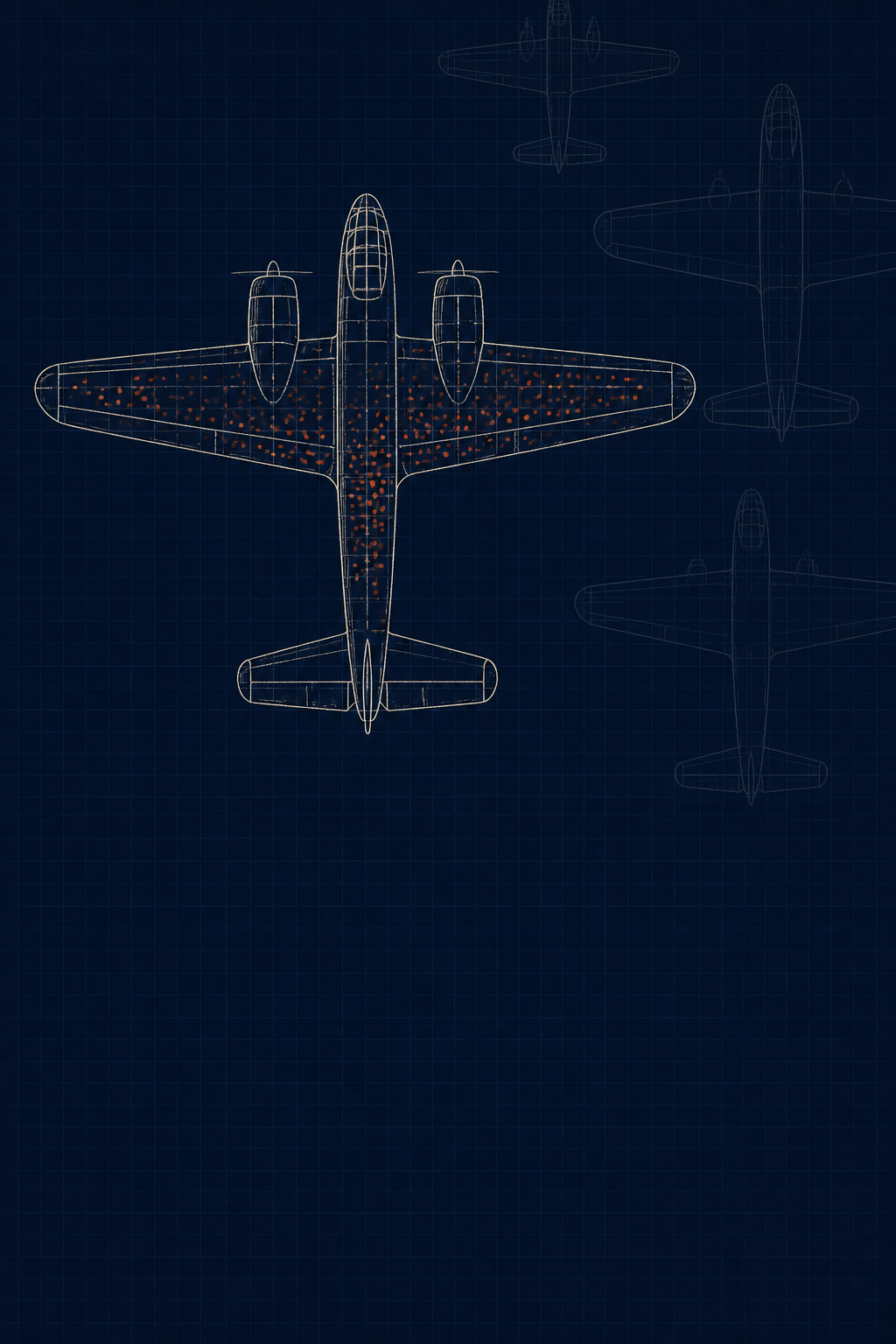 Sketch of a bomber seen from above: wings and fuselage peppered with dots, engines and cockpit bare; faint ghost-outlines of planes that never returned trail off the edge.