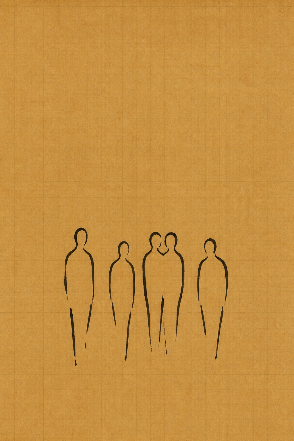Several simple ink figures drawn with open, incomplete outlines — where they overlap and touch, the lines close and each figure becomes whole. Gestural, minimal, vast empty space.