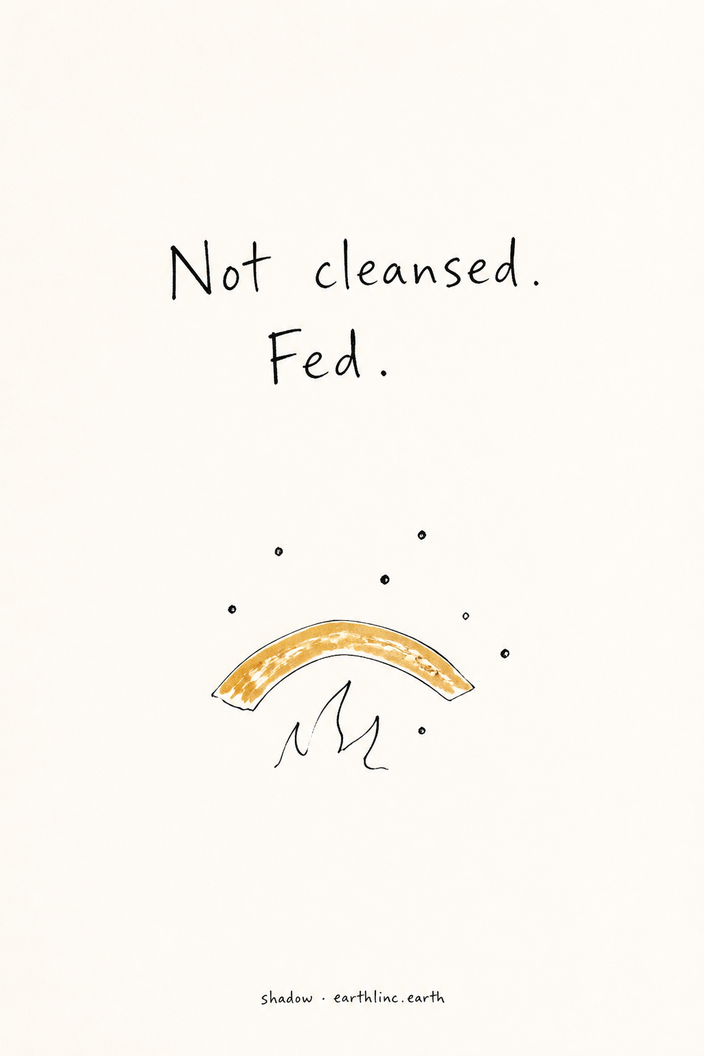 Sketchbook card: fish skin crackling over a flame, tiny oil droplets, hand-lettered Not cleansed. Fed.