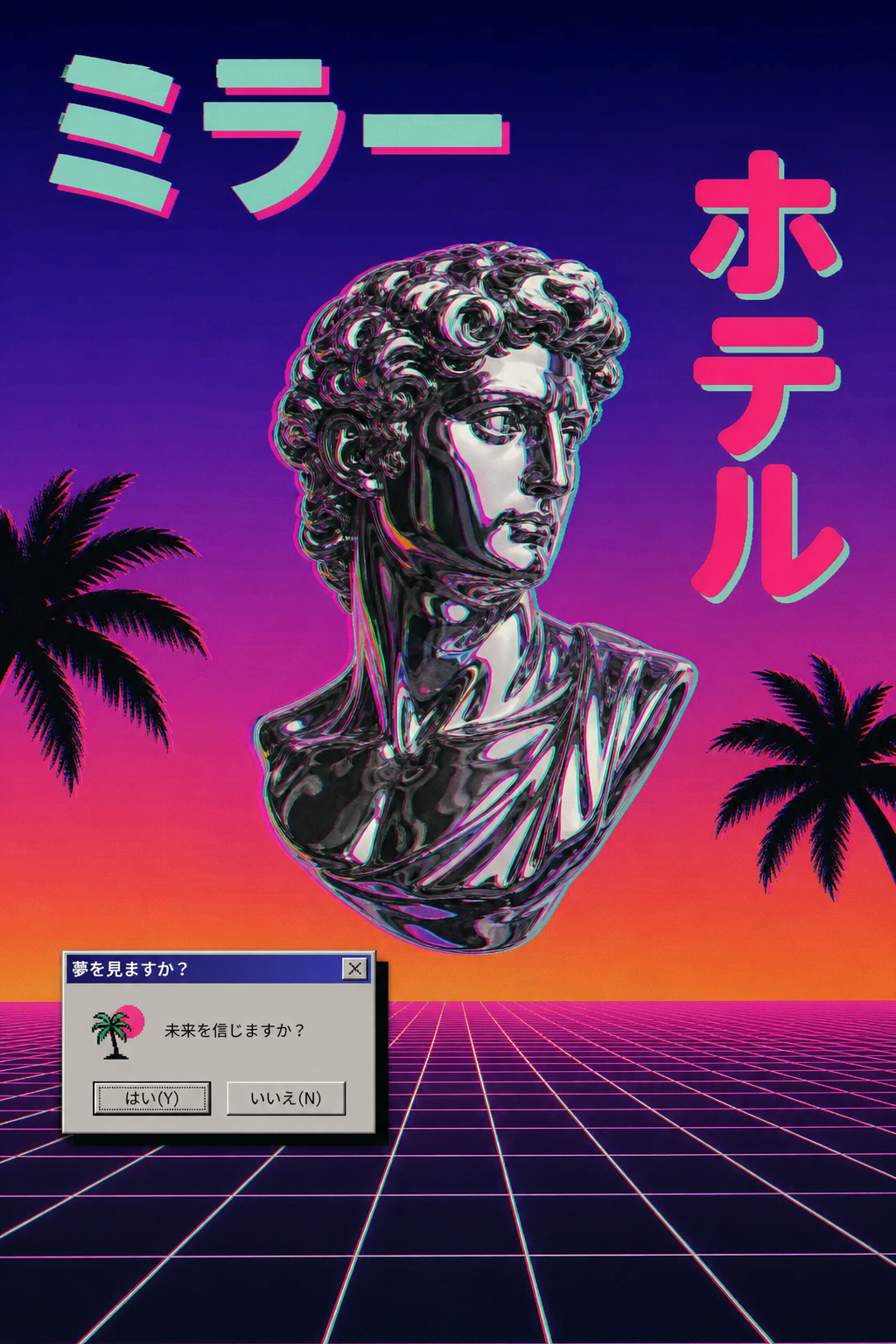 AI-generated collage of synthwave and vaporwave visual clichés, katakana text at top, dialog box at bottom