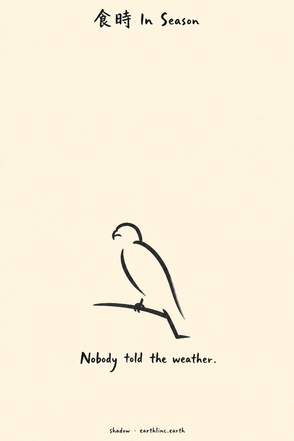 Brush-ink card: a hawk on a branch in two or three strokes. Lettered: Nobody told the weather.