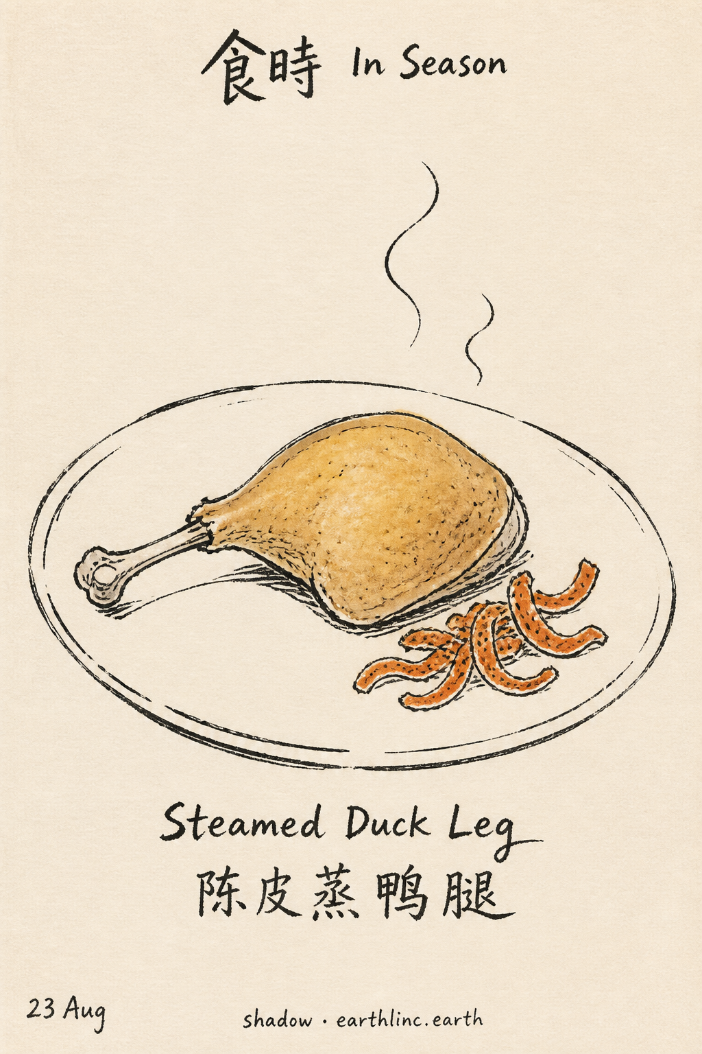 Brush-ink card: a steamed duck leg on a plate with dried tangerine peel, a curl of steam. Lettered 陈皮蒸鸭腿 Steamed Duck Leg.