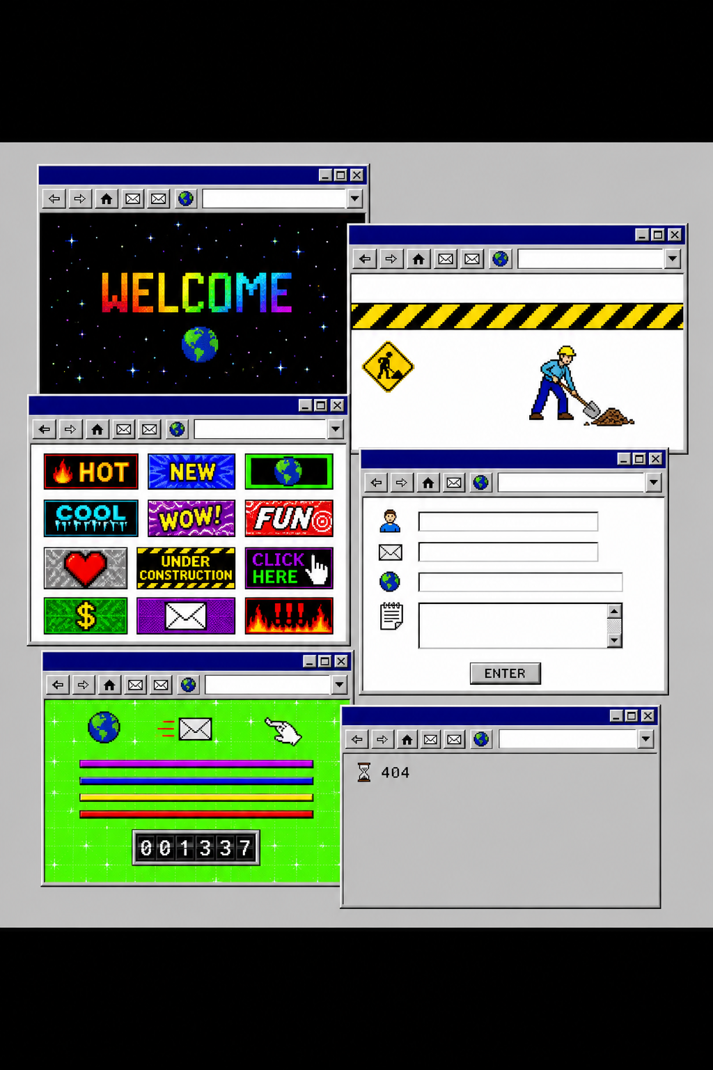 A collage of 1990s browser windows: a starfield welcome page, an under-construction page, a hotlist of hot/new/cool buttons, a guestbook form, a hit-counter page, and a 404 error window.
