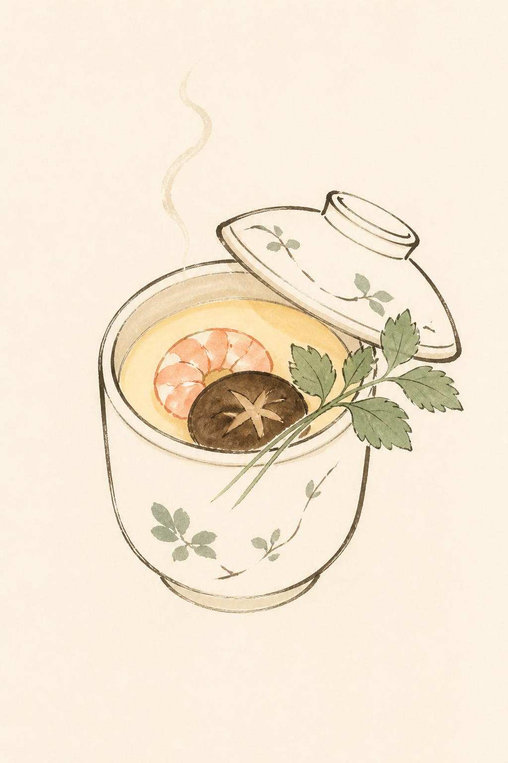 Chawanmushi in a lidded cup, lid tilted, curl of steam rising