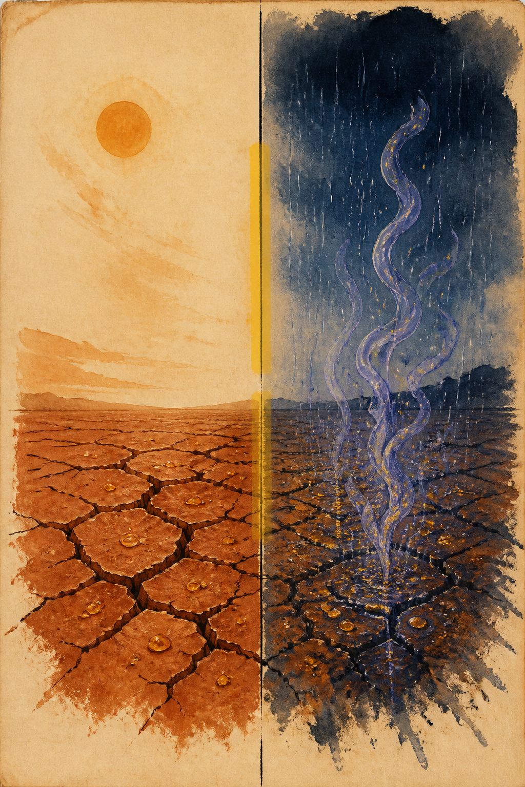Dry cracked earth holding oil beads; the same ground under rain releasing scent