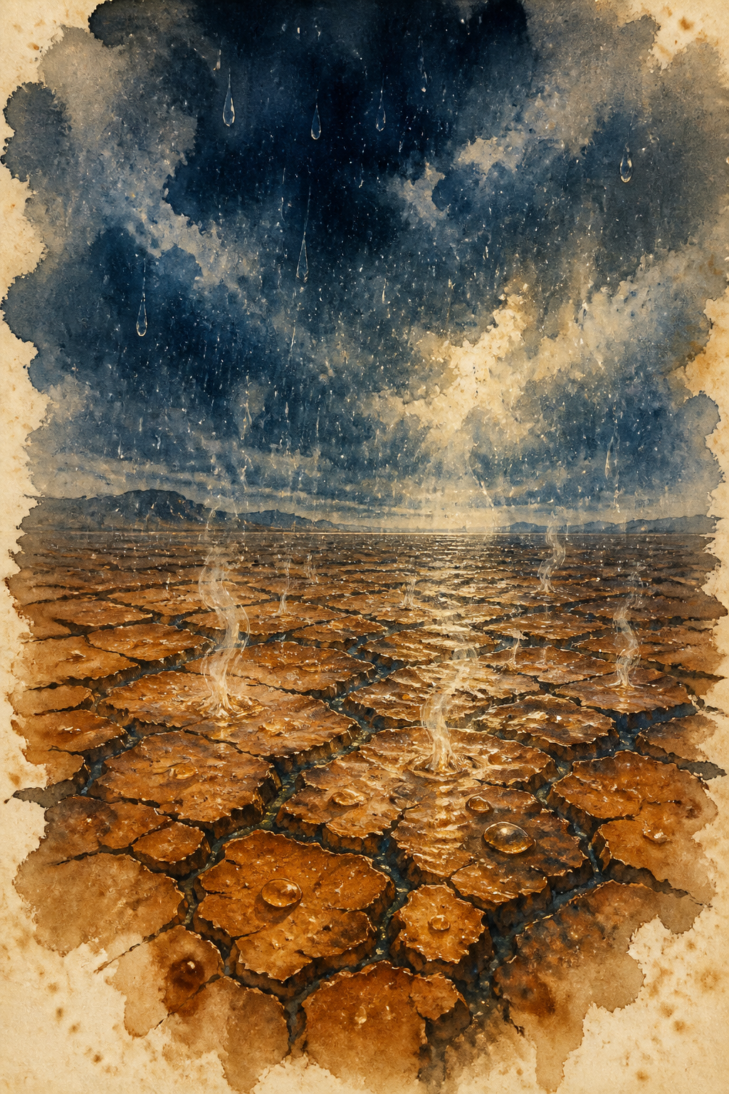 Rain striking dry stony ground, thin threads of scent lifting