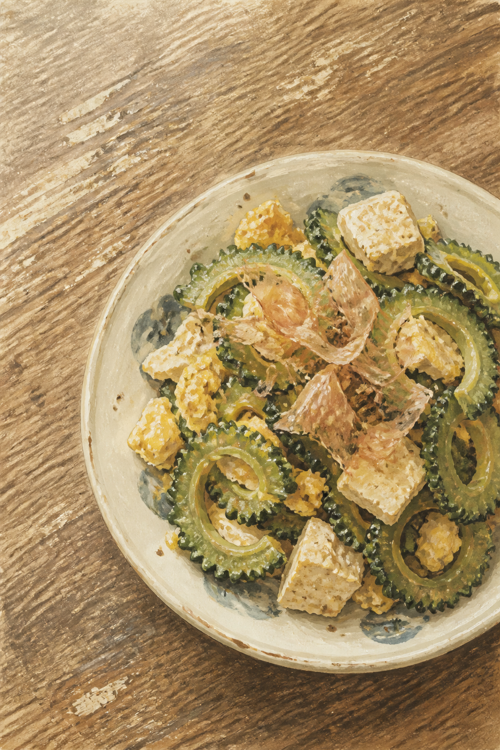 Goya Champuru — the finished plate, bitter melon rings, white tofu, yellow egg, bonito flakes