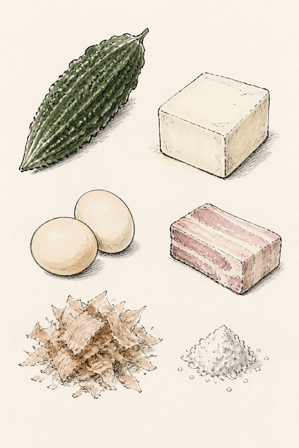 Raw ingredients still life — bitter melon, island tofu, egg, pork belly, bonito flakes, salt