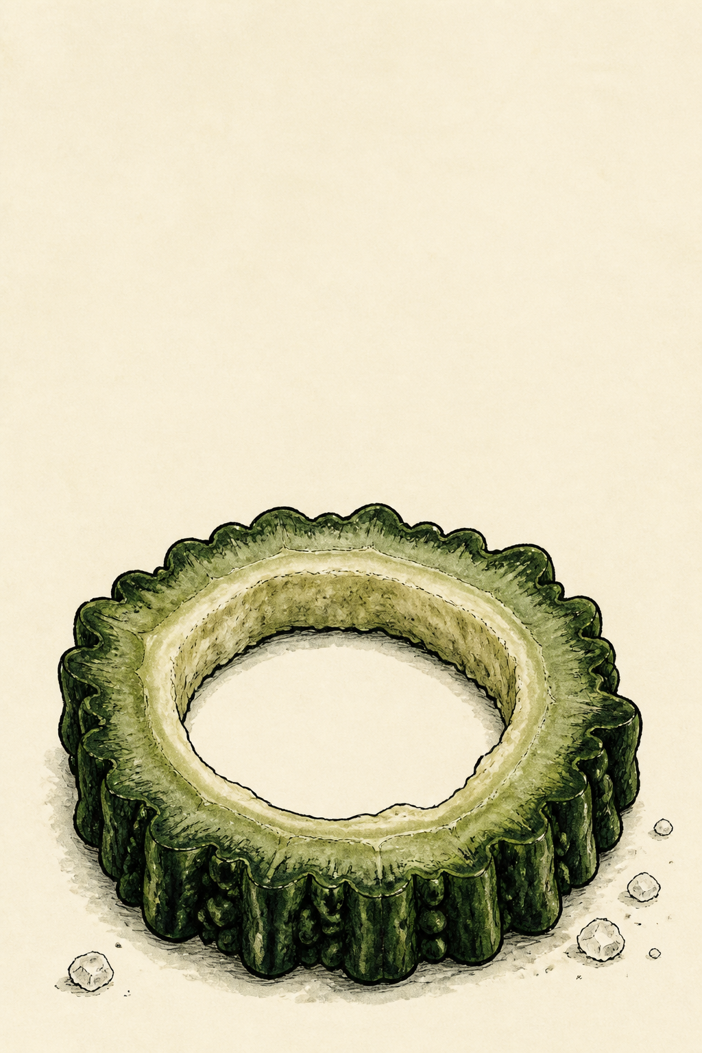 A single cut ring of bitter melon, seeds scraped out beside it