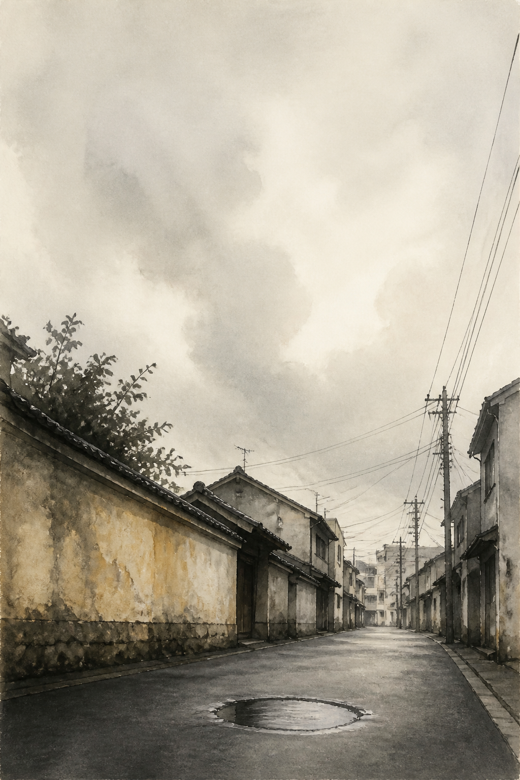 Post-rain Tokyo morning — heavy damp air, dry road, one ring of rain water