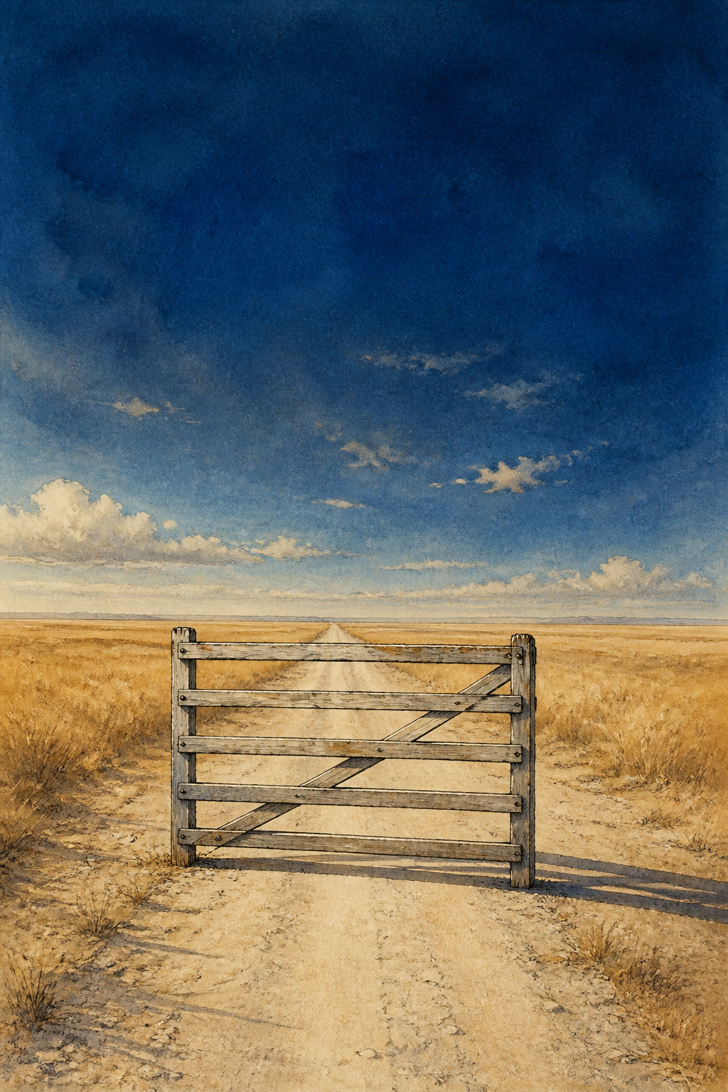 A wooden gate standing across an empty country road, fields either side