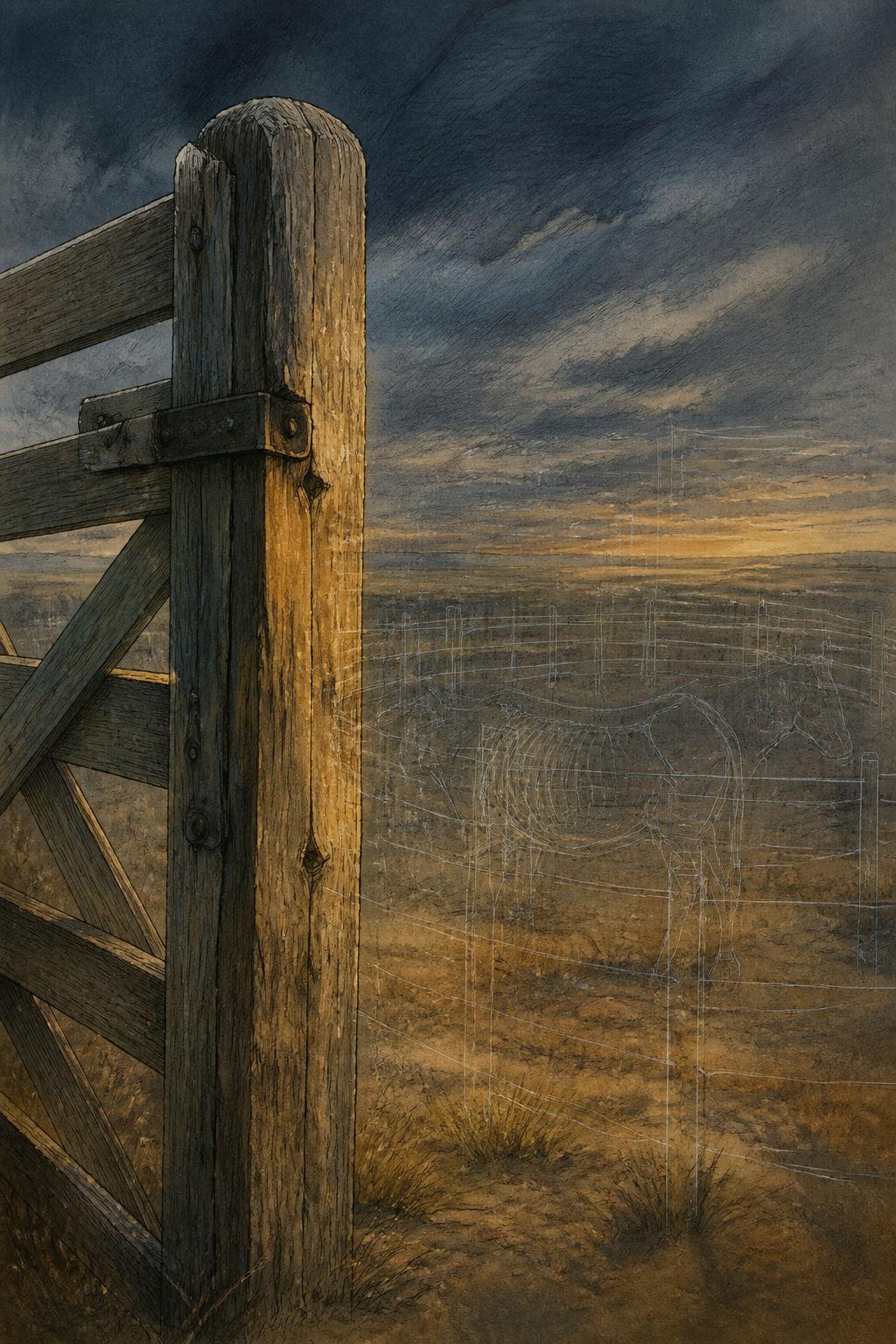 The gate, and drawn faintly around it the paddock and animal it once held