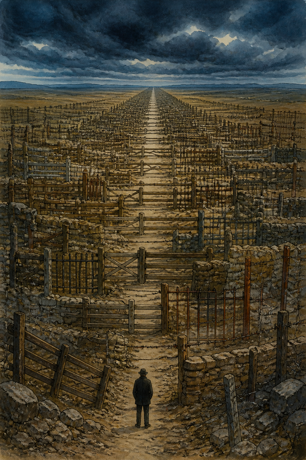 A road crowded with unexplained fences, one small figure stopped before them