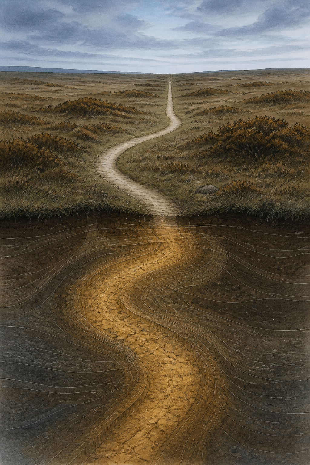 A footpath that swerves for no reason, a dried riverbed faint beneath the bend
