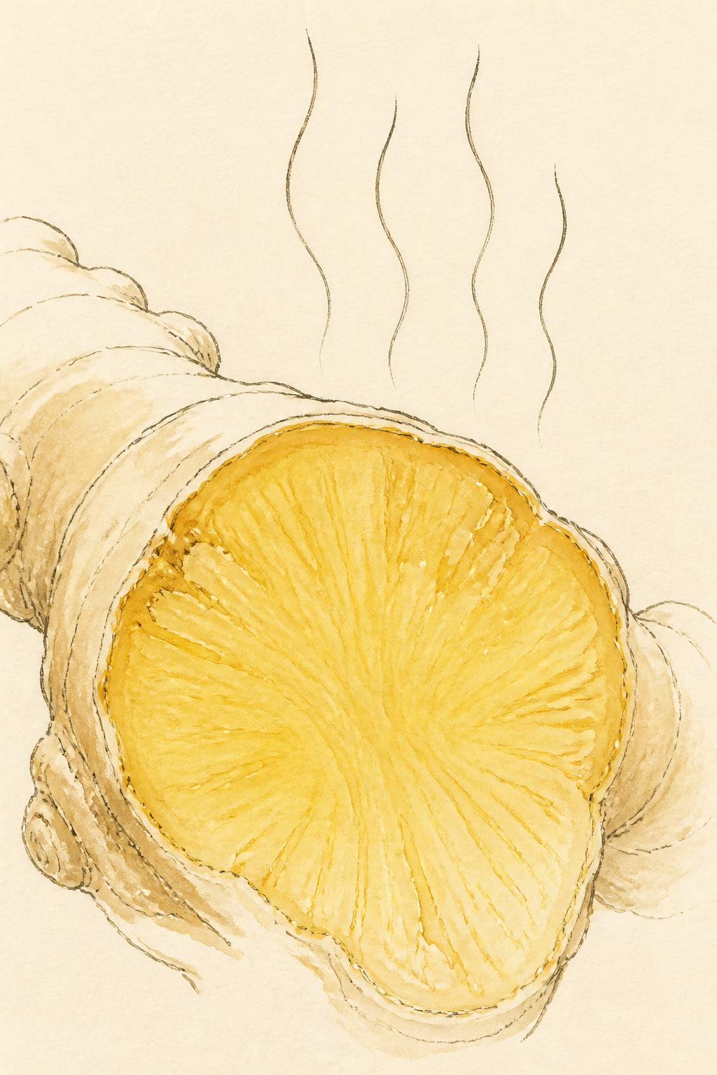 A ginger root cut open, heat lines rising