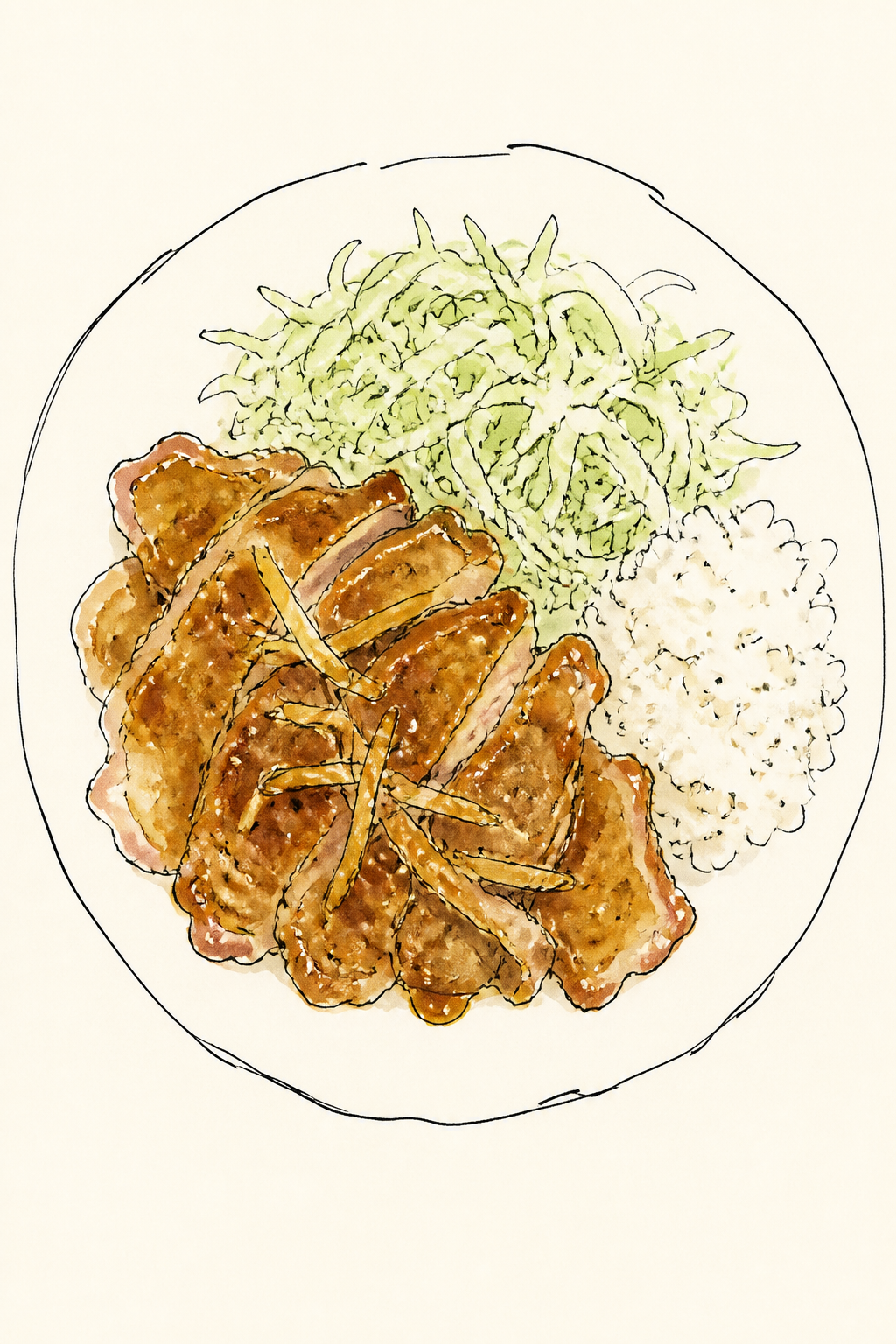 Shogayaki — finished plate, pork loin with ginger glaze and shredded cabbage