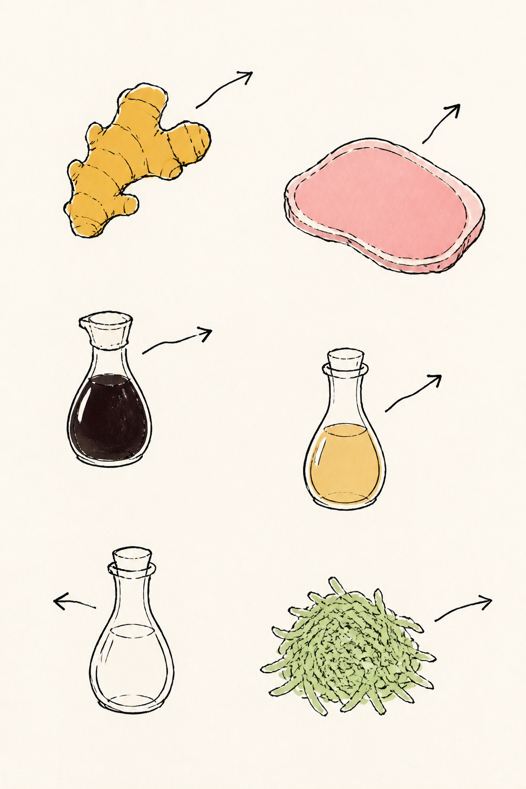 Six ingredient doodles — ginger, pork loin, soy sauce, mirin, sake, shredded cabbage