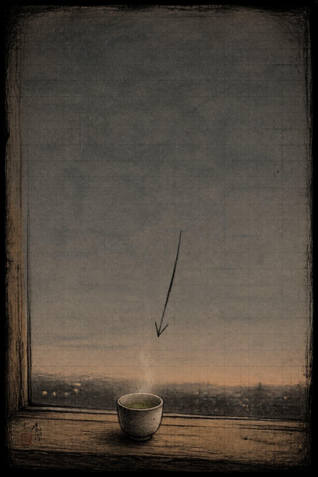 A cup of tea steaming on a windowsill at first light