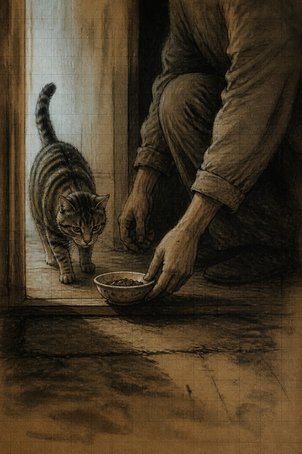 One person feeding a cat at dawn, nobody else in the frame