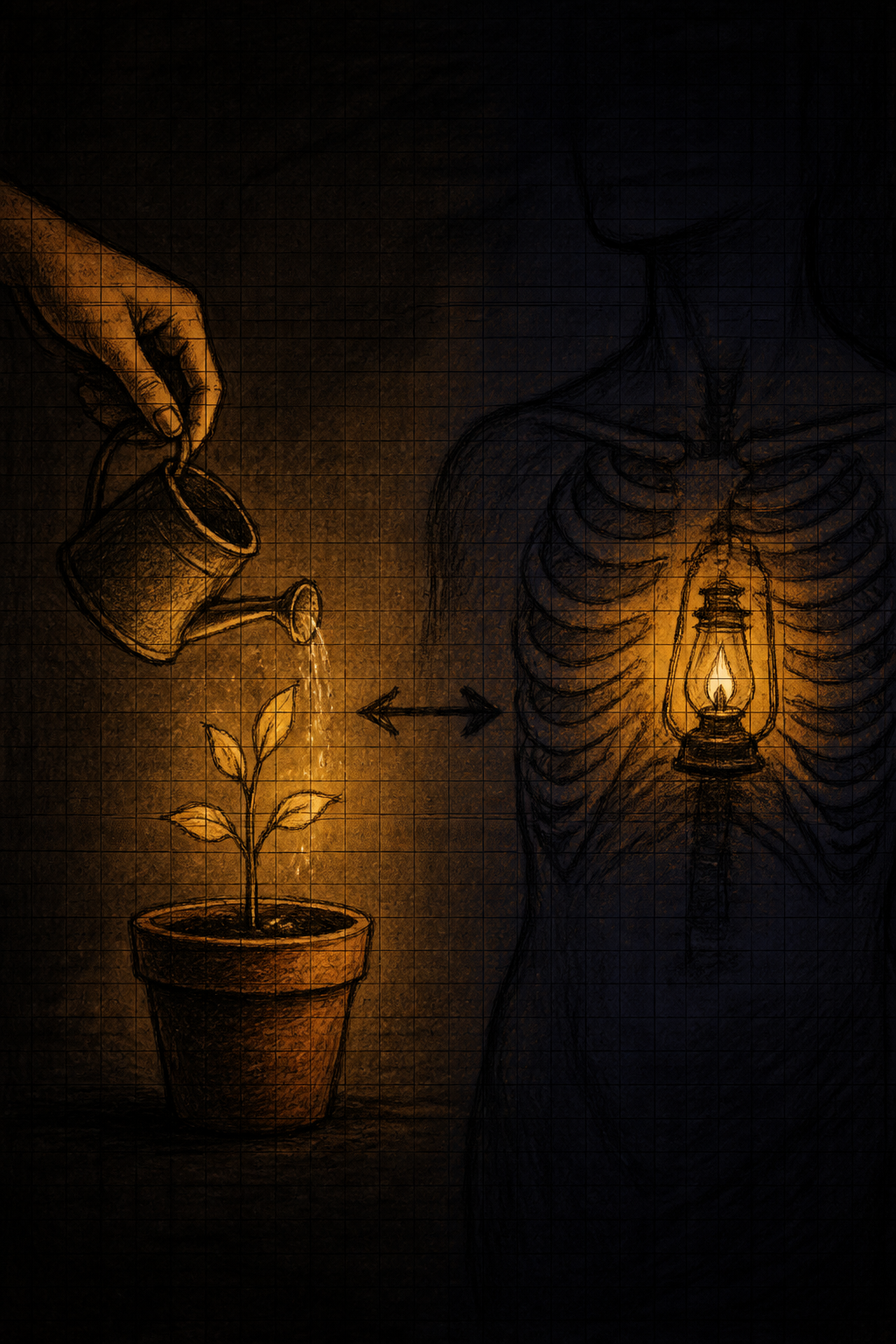 A hand watering one plant on the left, a lit lamp inside a chest outline on the right