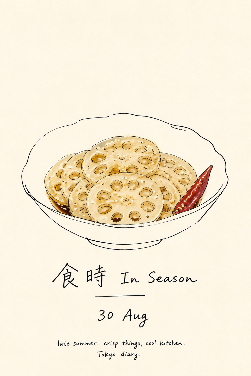 Renkon Kinpira — a small bowl of thin lotus root rounds, glossy, sesame seeds on top
