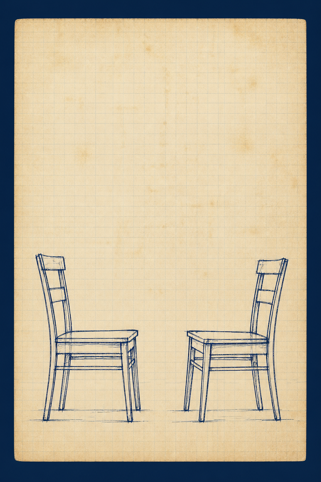 Two chairs from the side, still angled towards each other, neither pushed back