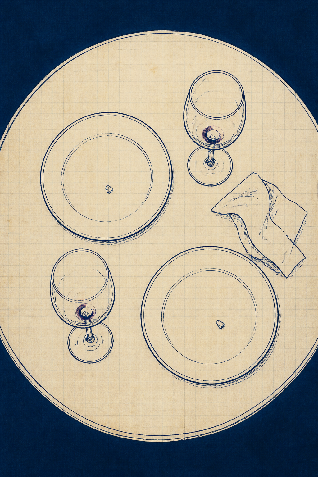 Seen from above: an empty plate with two crumbs and two drained wine glasses