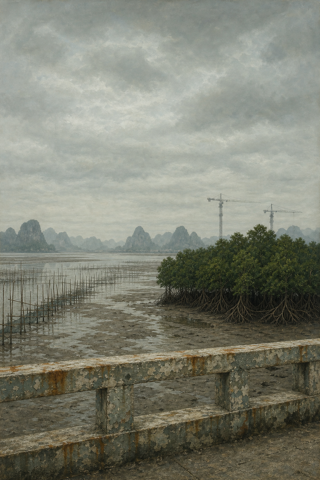 Ghostly tidal edge where mangrove meets encroachment, Quảng Ninh