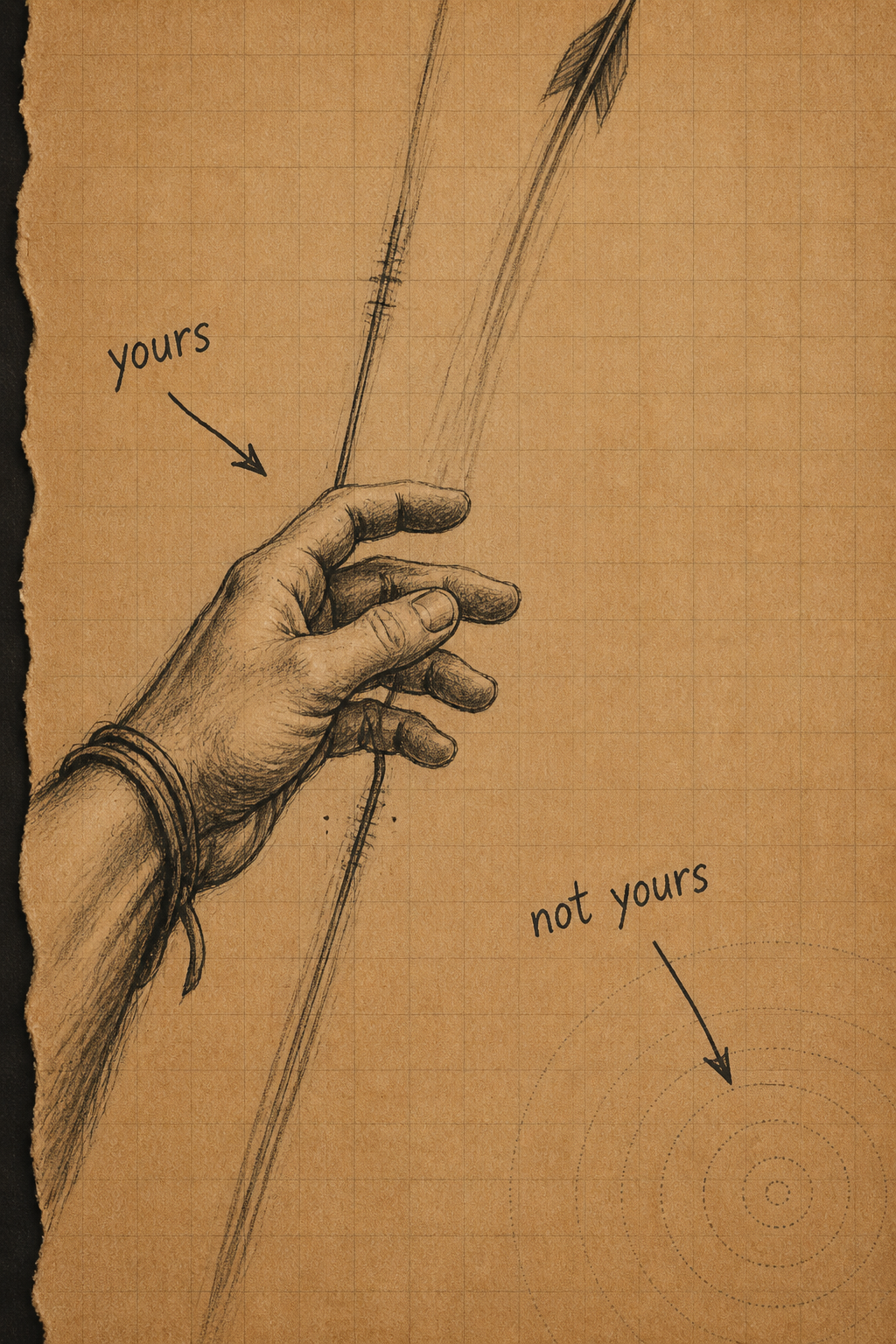 An archer's hand at the instant of release — string still shaking, arrow already gone, target faint and dotted at the far edge.