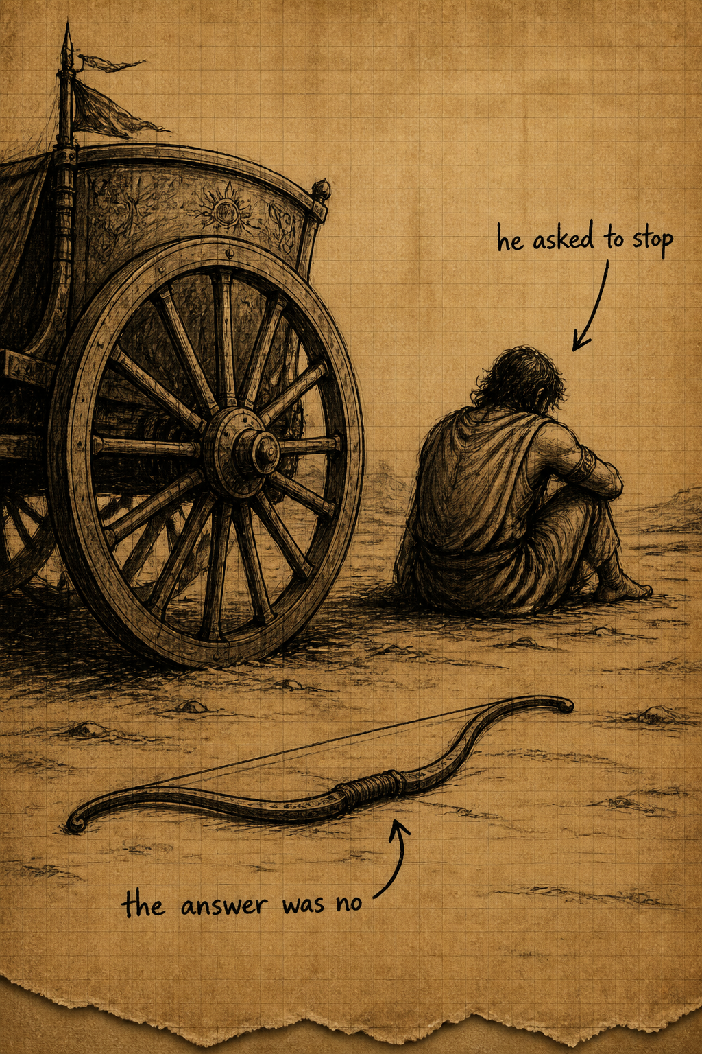 A bow on the ground beside a chariot wheel, a man sitting with his back turned — he asked to stop; the answer was no.