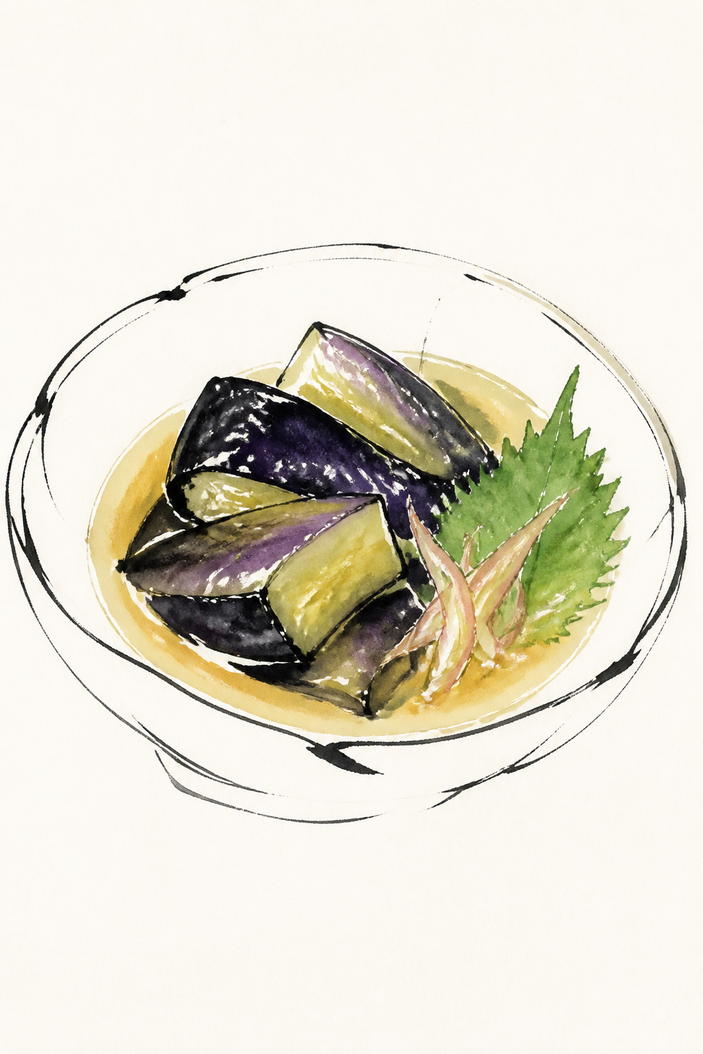 Nasu no Agebitashi — fried eggplant cold in dashi, in a shallow bowl