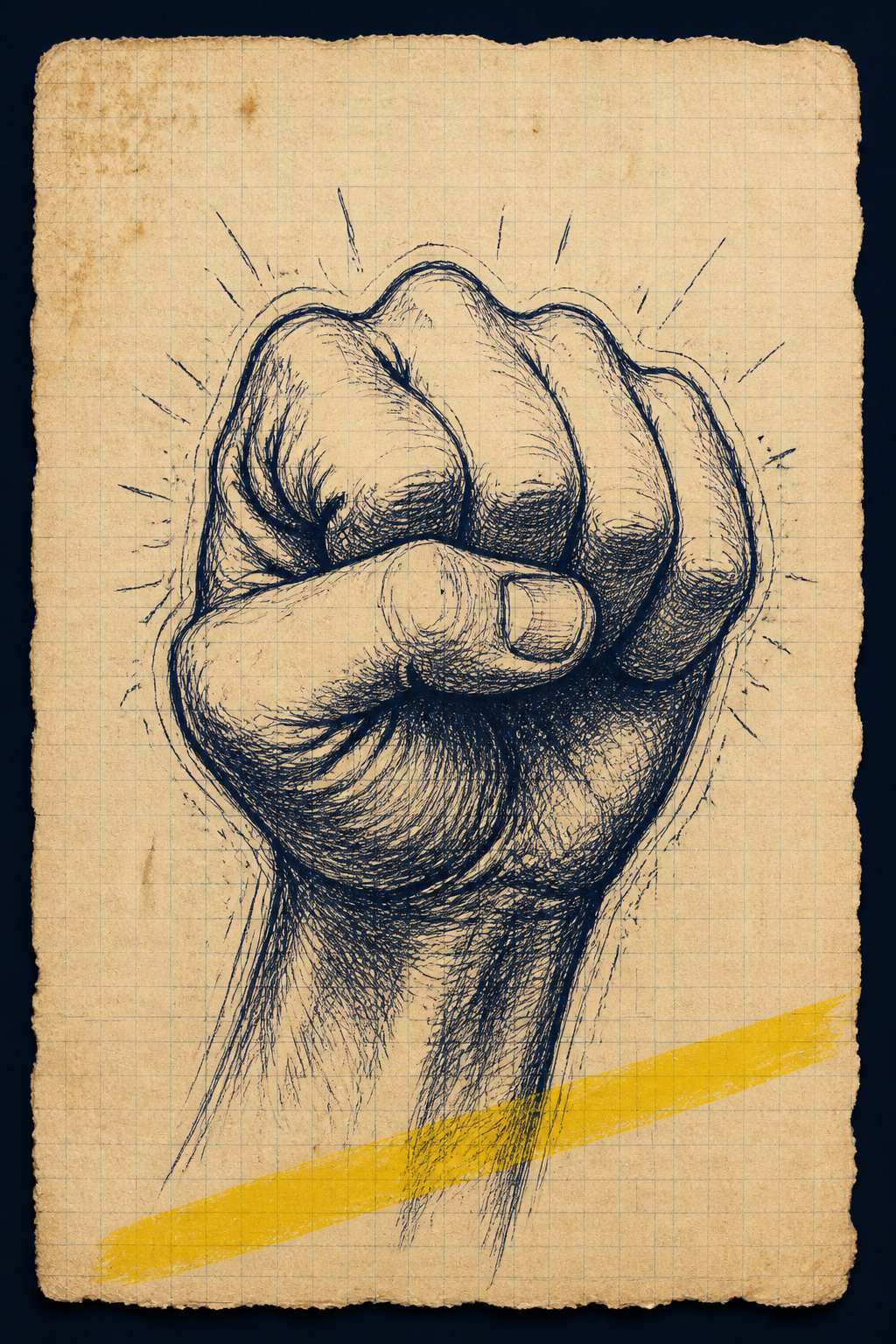 A hand closed into a hard fist with tremor strokes at the knuckles, dark navy ink on aged cream graph paper