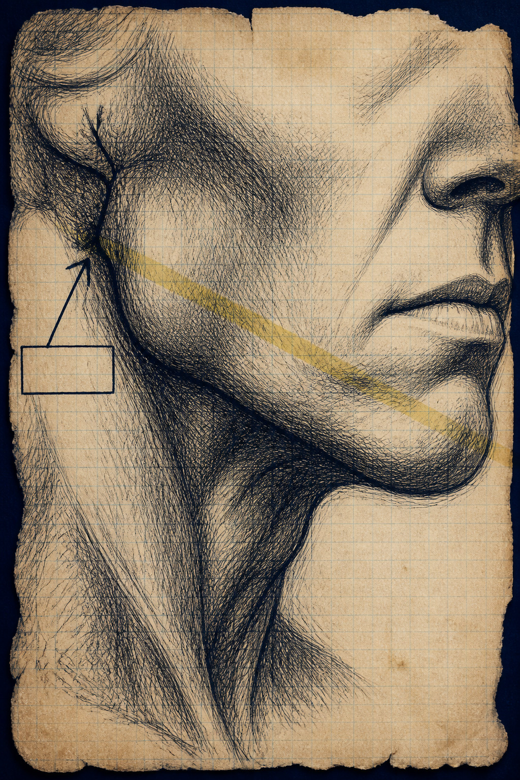Close-up of a clenched jaw with tremor strokes at the hinge, arrow: held in, not let out
